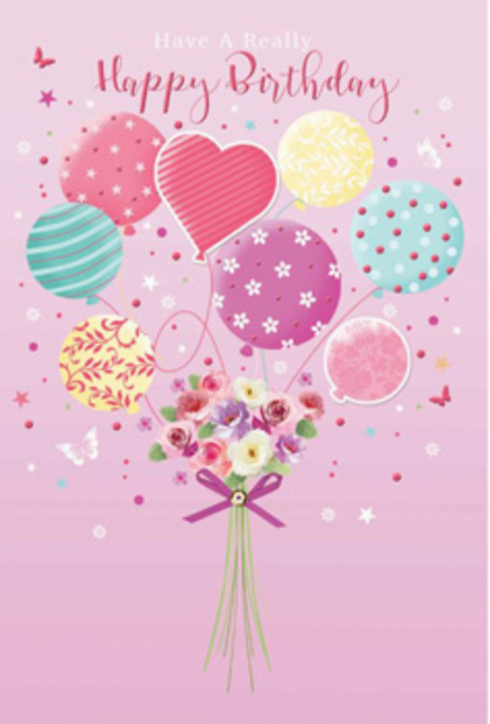 In this detailed birthday scene, the image feels like a petite celebration floating above the pavements of Friern Barnet. A soft pink backdrop sets a tender mood, similar to the gentle hues that sometimes wash over the nearby gardens off Colney Hatch Lane in spring. From the lower centre, a bunch of pastel balloons rises as one, creating the illusion of a floating bouquet. The balloons themselves are bathed in creamy yellows, powder blues, sea greens, and blush pinks, each decorated with its own joyful motif: swirling ribbon-like stripes, clusters of tiny dots that resemble confetti, and dreamy, cloud-like patterns. Tucked at the point where all the balloon strings would meet rests a hand-tied bouquet of imagined fresh flowers. These blossoms look like miniature roses and airy, anemone-style blooms, their petals soft and layered in shades of ivory, blush, and mauve. The flowers appear lush and freshly opened, as though they have just arrived from a local Friern Barnet florist, stems gathered and secured with a rich, sparkling violet bow. The bow's satin texture catches highlights, mirroring the gentle gleam on the balloons' curved surfaces. Sprinkled across the composition, tiny stars and butterfly silhouettes drift upward, enhancing the sense of movement and delight. The overall mood is one of gentle yet genuine festivity-a birthday moment that feels thoughtfully arranged, with the same personal touch you'd expect from a neighbour sending flowers for same-day delivery across the Friern Barnet area.