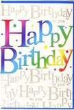 This birthday card design radiates the same bright, joyful energy you might feel wandering past colourful shopfronts and flower displays around Friern Barnet. At its heart, the words Happy Birthday stretch confidently across the card in large, friendly lettering, each character painted in a seamless gradient that travels through the full spectrum: deep crimson and rose at one end, then glowing orange, golden yellow, grassy green, lagoon blue, and finally soft violet and plum. The effect is smooth and luminous, as if light were passing through stained glass or the petals of a mixed birthday bouquet held up to the sun. The letters are thick, clear, and pleasantly rounded, making the message instantly legible while still feeling playful and modern. Behind this standout rainbow phrase, the entire background is layered with looping lines of cursive text, repeating Happy Birthday to you like a gentle refrain. These background words are rendered in a warm metallic gold, dusted with ultra-fine glitter that shimmers across a pale, neutral base. When imagined in the hand, the card's surface would feel silky and slightly textured where the glitter catches the light, like the subtle sparkle of morning frost along a quiet path towards Friary Park. Between the swirls of script, tiny flecks of light and confetti-like specks appear, giving the composition a sense of lively movement without clutter. The overall balance between the bold, colourful greeting and the elegant golden backdrop feels carefully considered, echoing the harmony a skilled florist seeks when pairing colours and textures. It's a card that suggests more than a simple message; it evokes the feeling of a full-hearted birthday celebration, especially when tucked beside fresh flowers delivered locally across Friern Barnet.