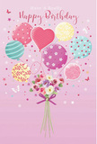 This birthday card illustration feels like a small party suspended in mid-air over Friern Barnet, painted on a soft, rosy-pink background that suggests warmth and affection. In the centre, a rounded cluster of pastel balloons lifts gently upward, as if caught by a light breeze drifting from Friary Park. The balloons glow in delicate shades of mint, blush, lemon, and lavender, each styled with its own personality: some are wrapped in swirling candy stripes, others dotted with playful polka patterns, and one heart-shaped balloon subtly radiates extra tenderness at the middle of the bunch. At the convergence of their ribbons sits a hand-tied bouquet of flowers, imagined with florist's care as fresh, garden-style blooms. The flowers resemble petite roses and anemone-like blossoms, their petals softly ruffled and shaded from creamy white through pale pink to dusty mauve, suggesting velvety textures and a sweet, gentle fragrance. A satin purple bow clasps the stems, its rich colour adding a touch of contrast and elegance. Around the balloons and bouquet, whimsical details-tiny stars, fluttering butterfly shapes, and faint sparkles-float like confetti, enhancing the feeling of celebration. The composition conveys the joy of a birthday greeting making its way to a home near Woodhouse Road or a flat tucked off the high street, turning a simple wish into an imaginative scene of colour, lightness, and affection, crafted with the same thoughtful eye a local florist would bring to a custom birthday arrangement.